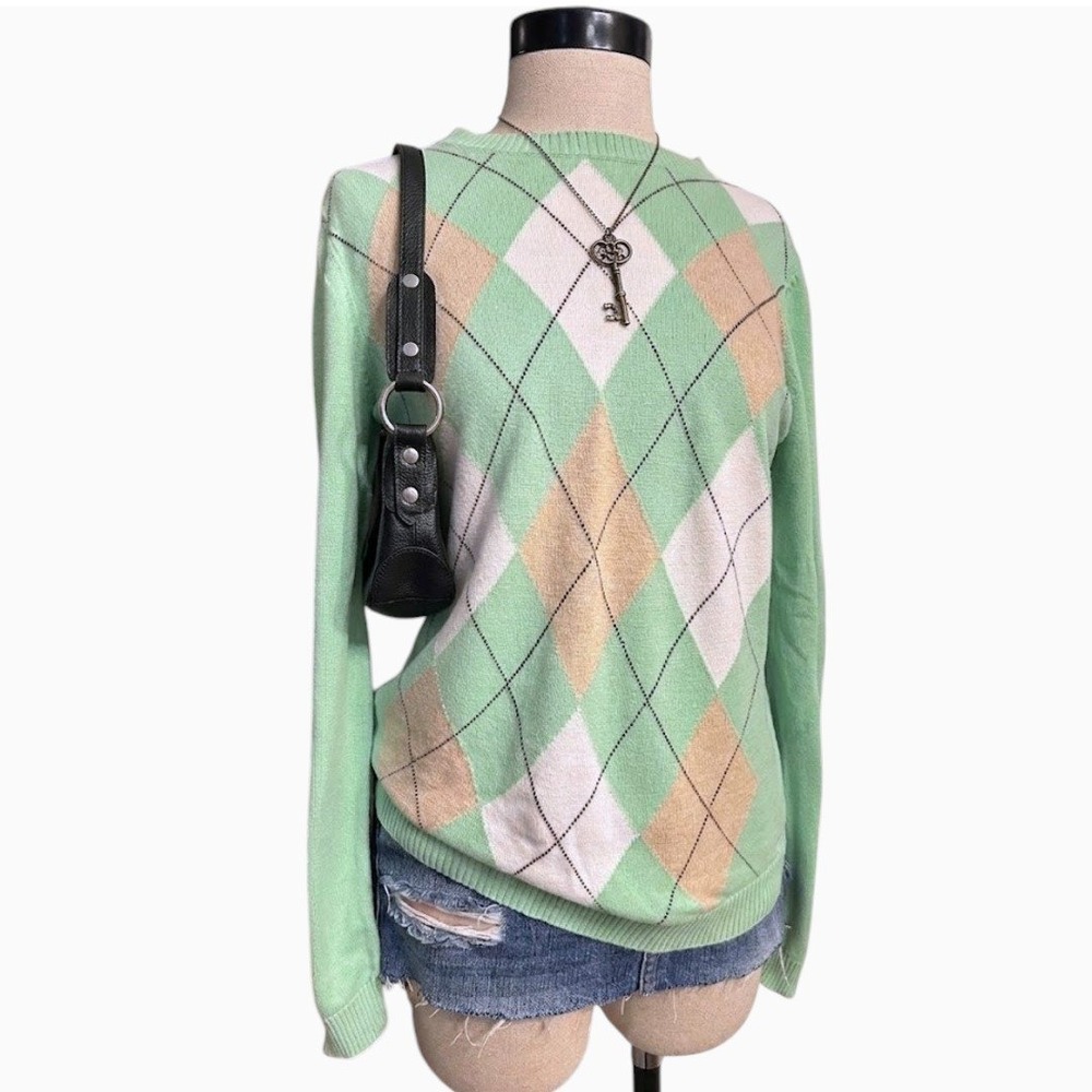 Argyle Crewneck Sweater Green Cotton Preppy MED 100% Cotton